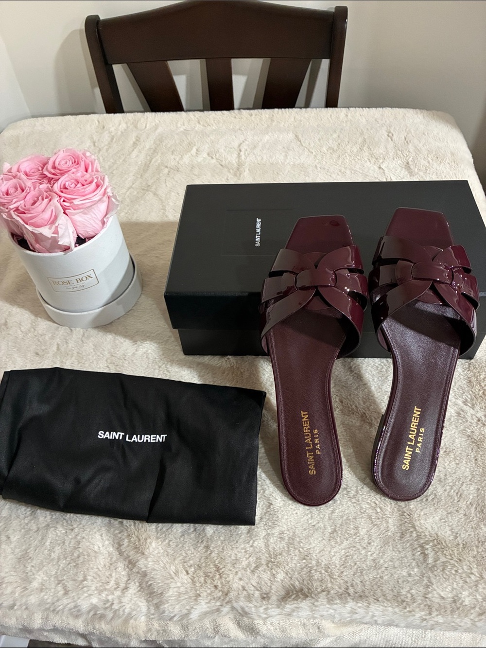 Saint Laurent Tribute Burgundy Patent Leather Braided Slide Mules in size 38 1/2